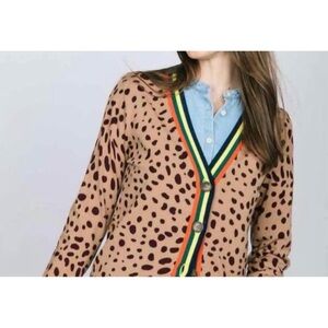 J. Society Women’s Tan Leopard Print Cardigan with Color-Trim Detail